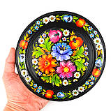 Тарілка декоративна Петриківський розпис ЯСКРАВИЙ БУКЕТ ручної роботи з дерева 20 см Український сувенір, фото 3