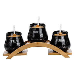 Набір банок 3 штуки по 500 мл для сипучих продуктів з керамічними ложками на бамбуковій підставці