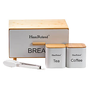 Набір для зберігання продуктів Haus Roland хлібниця з баночками для сипучих продуктів 4 штуки з бамбука білий