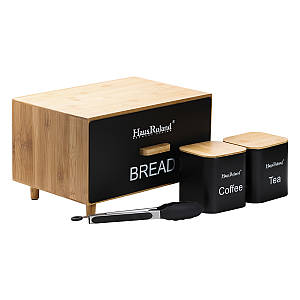 Набір для зберігання продуктів Haus Roland хлібниця з баночками для сипучих продуктів 4 штуки з бамбука чорний
