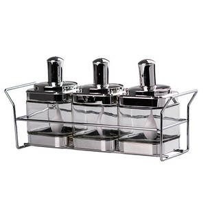 Набір на металевій підставці з 3 банок для зберігання сипучих продуктів скляні ємності з ложкою хром