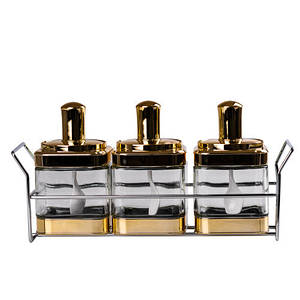 Набір на металевій підставці з 3 банок для зберігання сипучих продуктів скляні ємності з ложкою золото