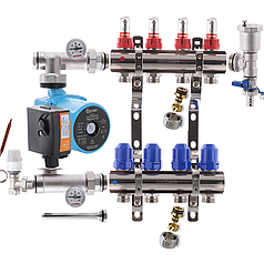 Колектор для теплої підлоги в складі на 4 контури з насосом KOER
