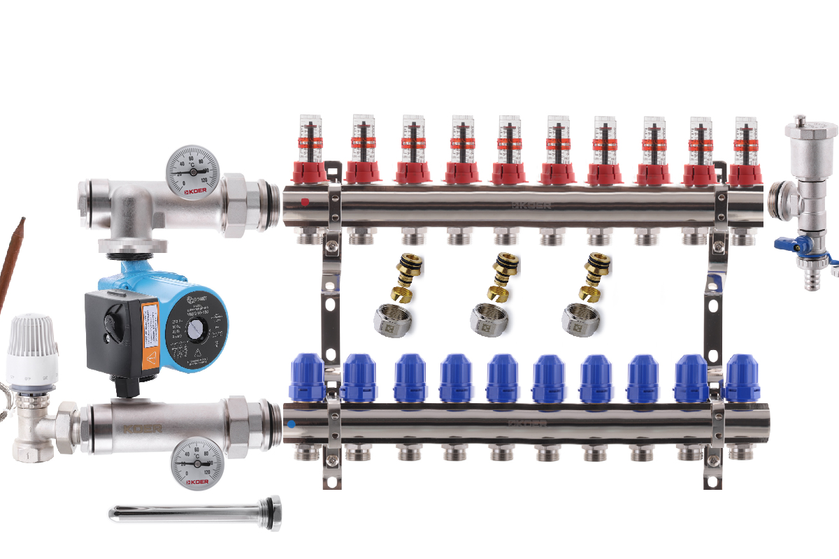 Колектор для теплої підлоги в складі на 10 контурів з насосом KOER
