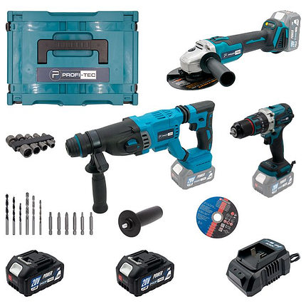 Набір акумуляторний інструментів PROFI-TEC Combo Set 3/6 POWERLine PBH201BL, DGA20BL, DHP485BL : з АКБ 2шт-20V 4.0Ач+ЗП, фото 1