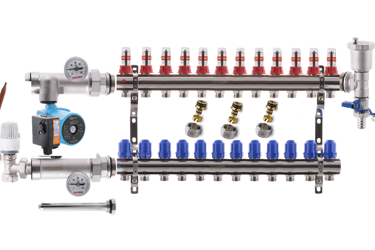 Колектор для теплої підлоги в складі на 12 контурів з насосом KOER