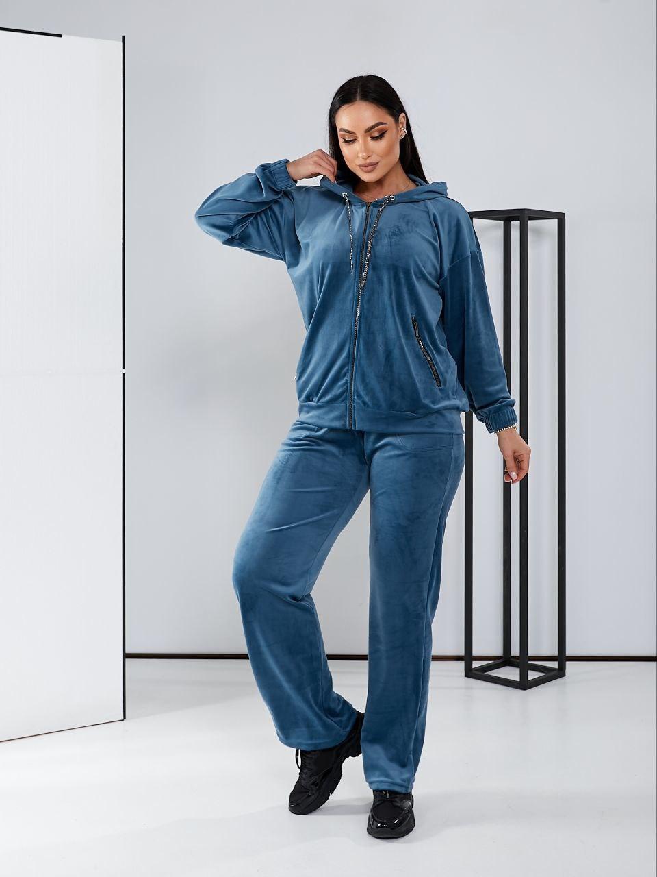 Жіночий костюм велюровий з прямими штанами і кофтою на блискавці 48-50, 52-54, 56-58 код521, фото 1