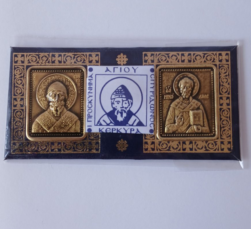 Іконка-складень Святого Спиридона і Святого Миколая в комплекті з філахто (Афон), фото 1