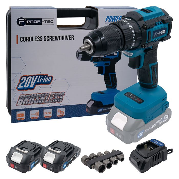 Потужний акумуляторний шуруповерт PROFI-TEC PCD5220BL POWERLine : з АКБ 2шт-20V 2.0 Ah, 52 Нм, набір головок