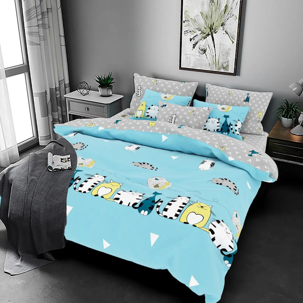 Полуторна дитяча постільна білизна 150х220 Коти на блакитному (22983) Ранфорс Двоколірний комплект на блискавці, фото 1