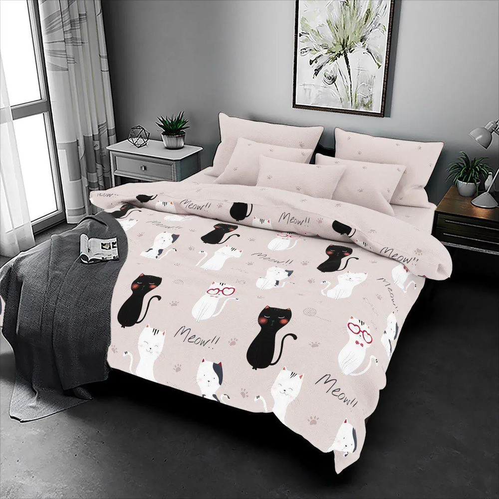 Полуторна дитяча постільна білизна 150х220 Коти на бежевому (22986) Ранфорс Двоколірний комплект на блискавці, фото 1