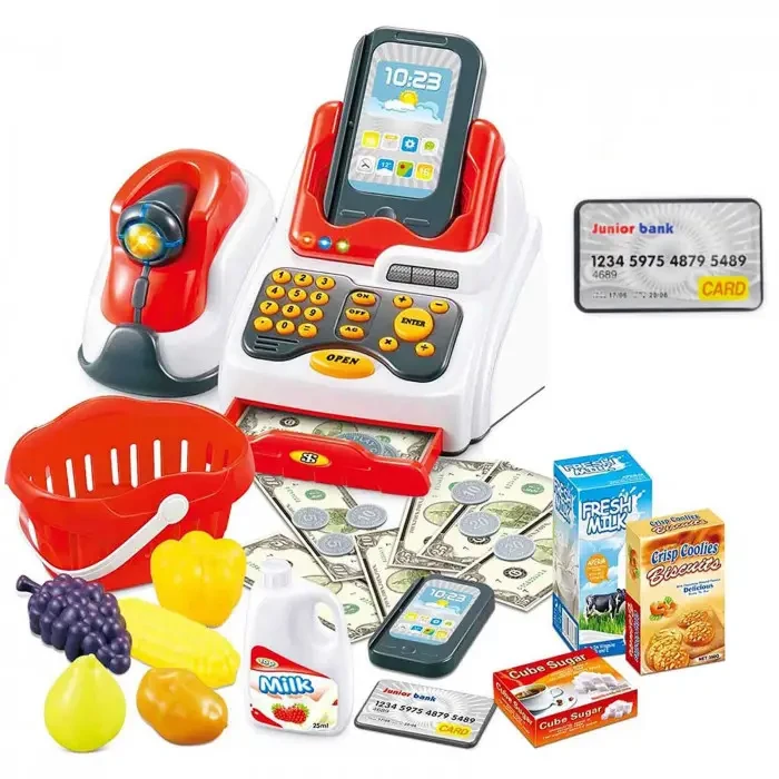 Ігровий набір касовий апарат A Toys 668-123 (18 предметів, каса, сканер, кошик, продукти, гроші, звук, світло)