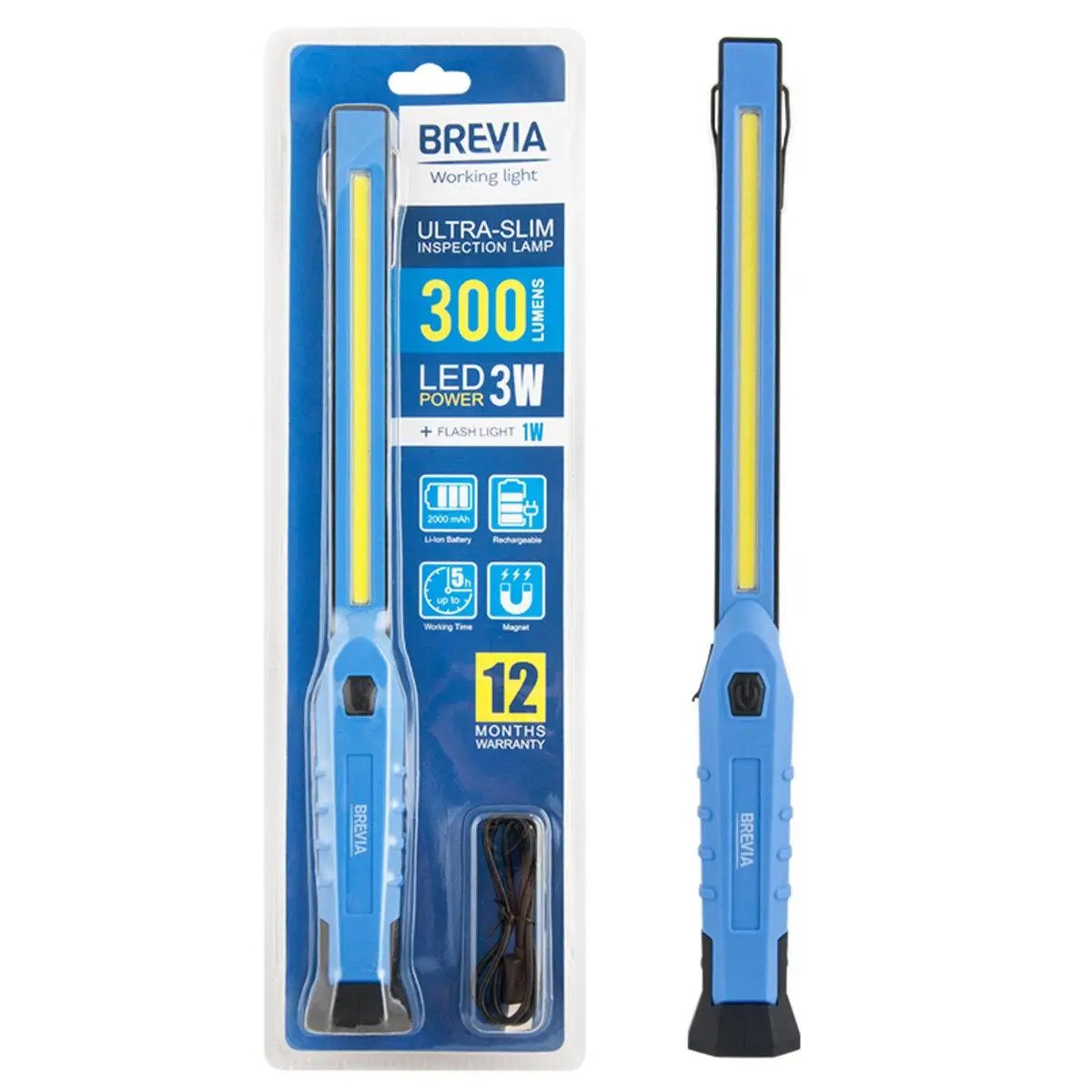 Лампа переноска діодна Led Brevia 11380 3W COB/300 lm +1W L=170-306 магн/2000mAh/microUSB/крючок