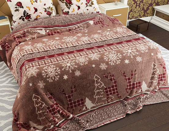 Гарний новорічний флісовий плед покривало з оленями та сніжинками 200х220 двоспальний євро розмір коричневого кольору, фото 1
