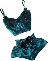 Велюрова жіноча піжама зеленого кольору шортики та майка