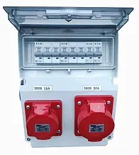 Щит на 10 модулів з розетками 220В-380В 16-32А, з автоматичними вимикачами.