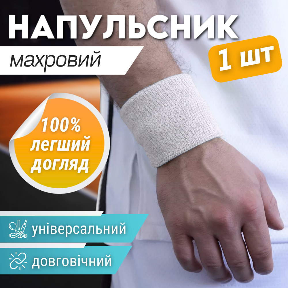 Напульсник спортивний на руку на зап'ястя 1 шт для тренувань махровий білий (BC-2963)