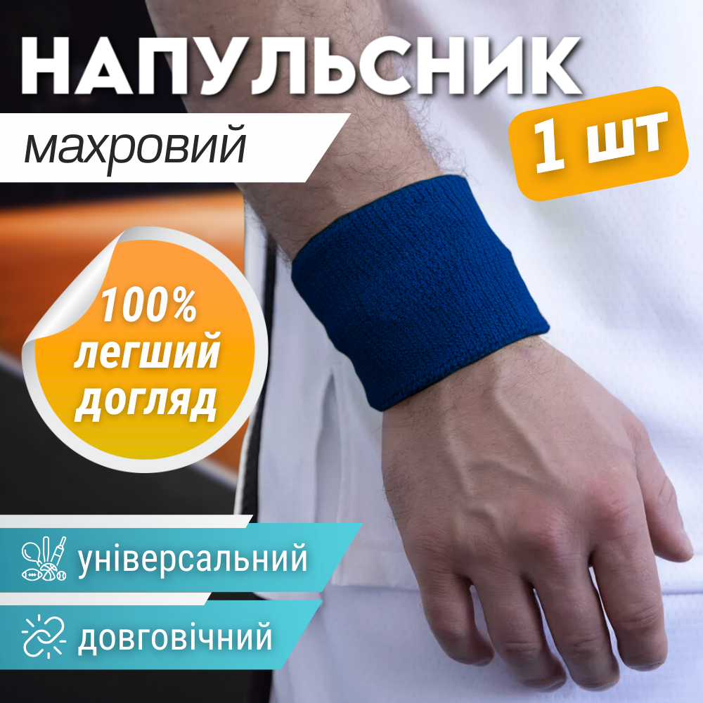 Напульсник спортивний на руку на зап'ястя 1 шт для тренувань махровий бігу синій (BC-2963)