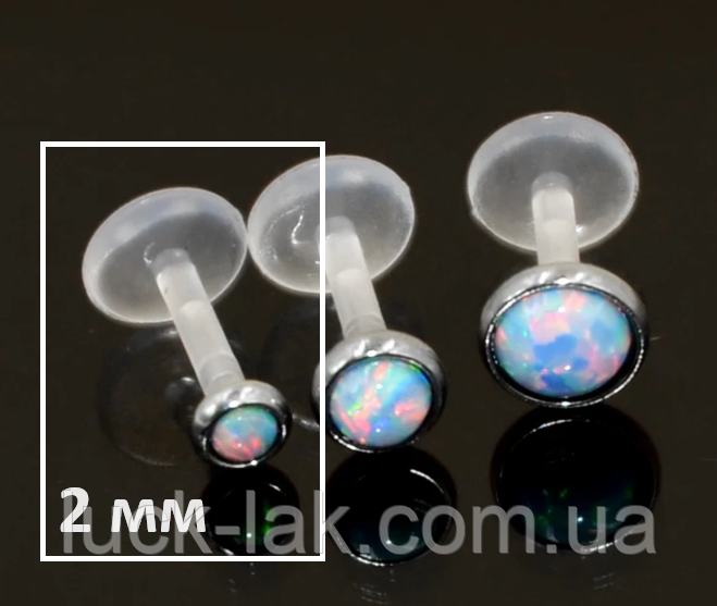 Лабрет, пірсинг з опалом 2 мм ніжка 6 або 8 мм біопластик, фото 1