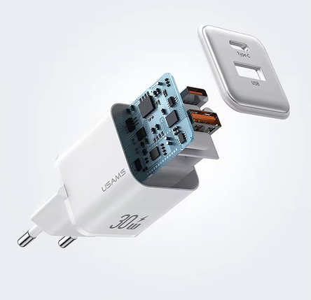 Зарядний пристрій білий US-CC189 PD30W+QC3.0 A+C Dual-port Fast Charger (white, EU) USAMS, фото 1