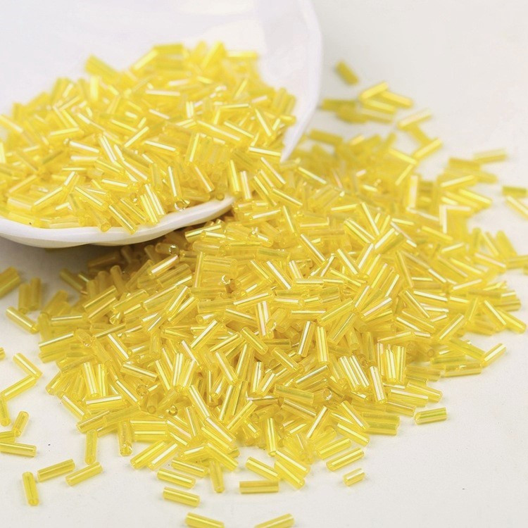 Бісер стеклярус блискучий 2х6 мм 50 г Жовтий райдужний, фото 1