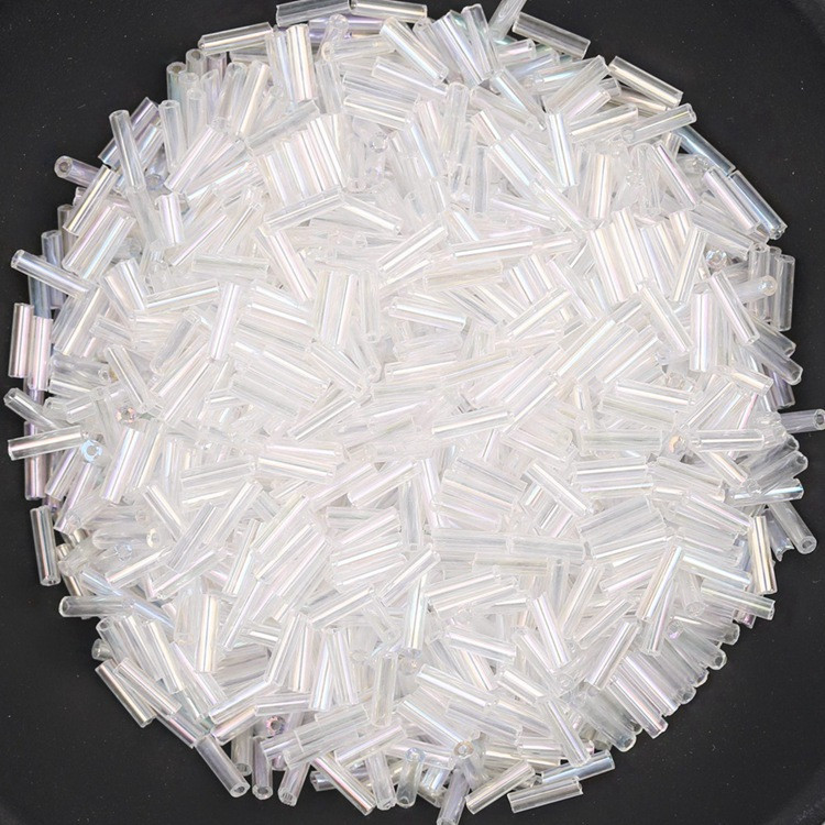 Бісер стеклярус блискучий 2х6 мм 50 г Прозорий райдужний, фото 1