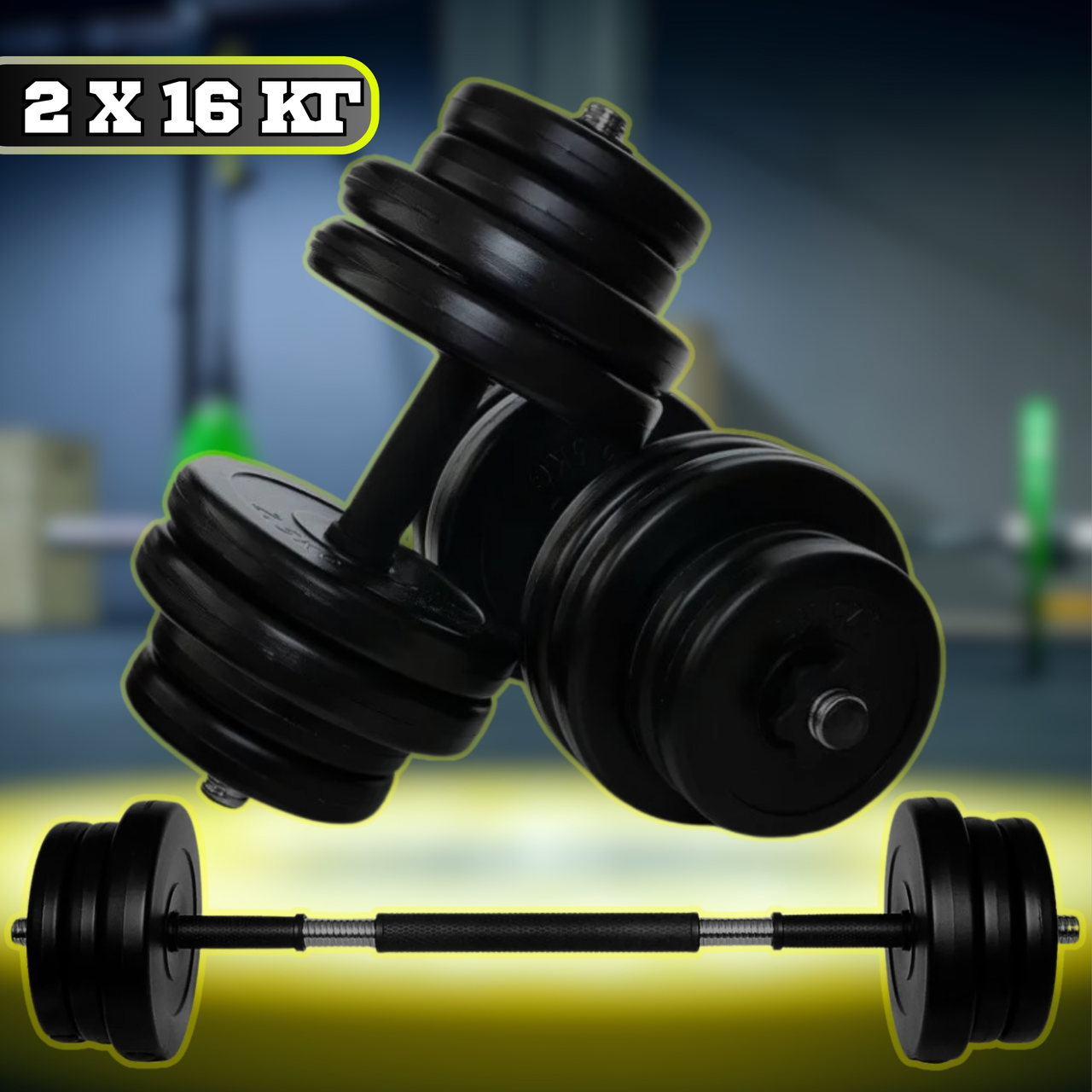 Гантелі з функцією штанги 32 кг для Дому 3в1 Комплект Гантелей Розбірних NeoSport Змінні Диски з Металевим Грифом для Дому