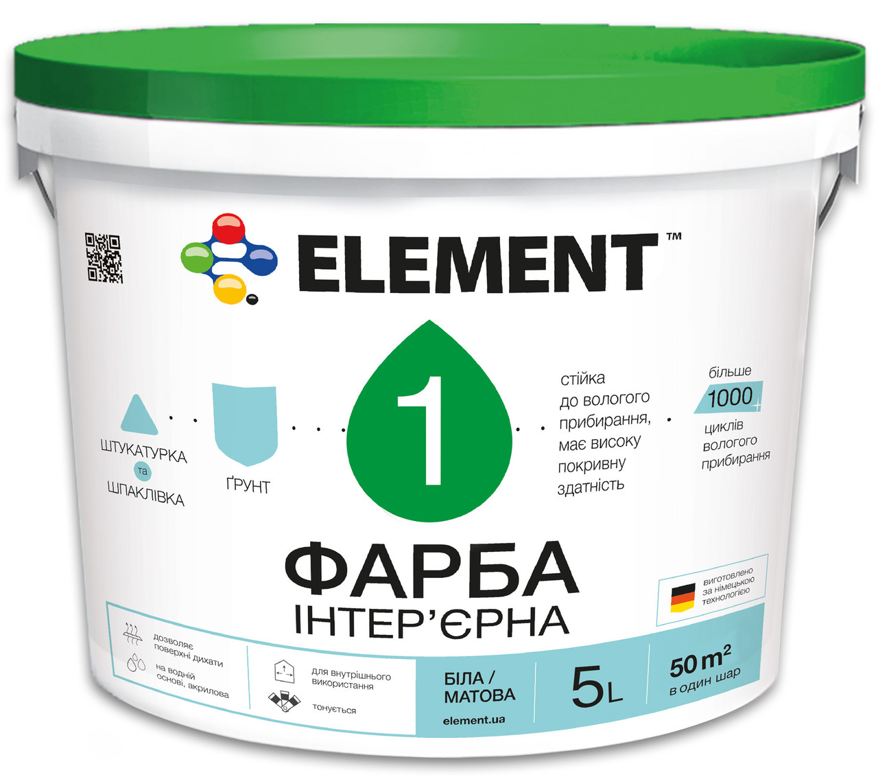 Фарба інтер`єрна ELEMENT 1 водоемульсійна матова база А біла 5 л
