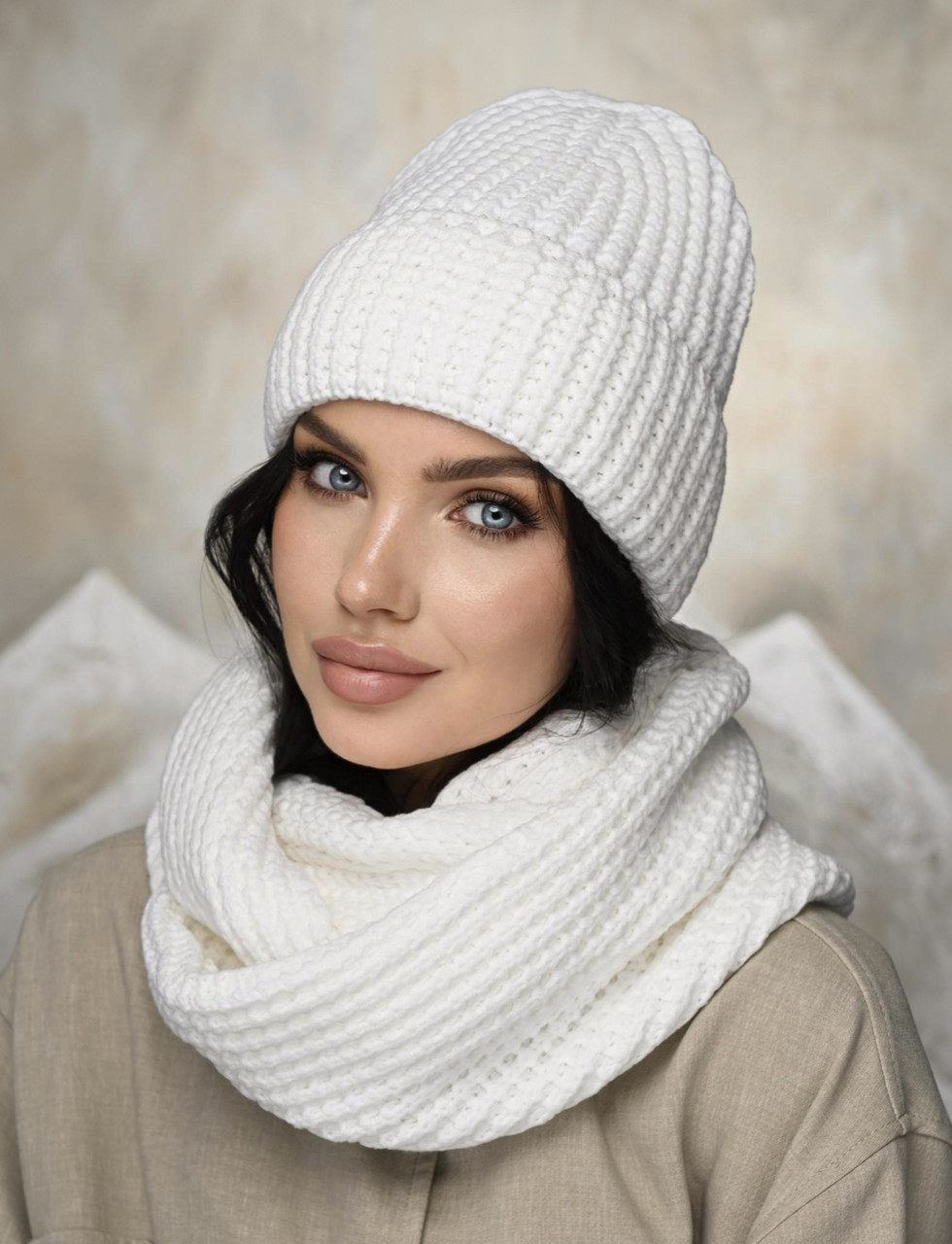 В'язаний комплект шапка та шарф "Мартина" колір білий