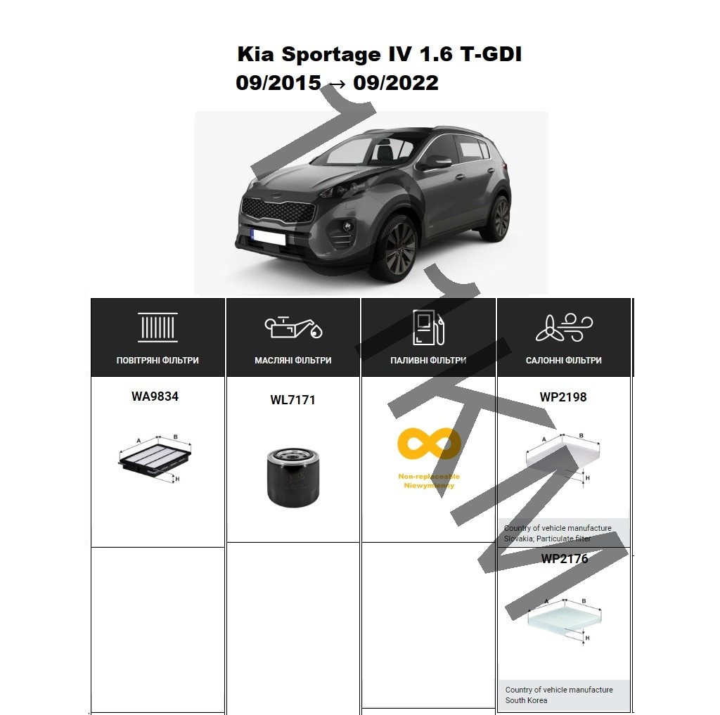 Комплект фільтрів KIA Sportage IV 1.6 T-GDI (2015-2022) WIX