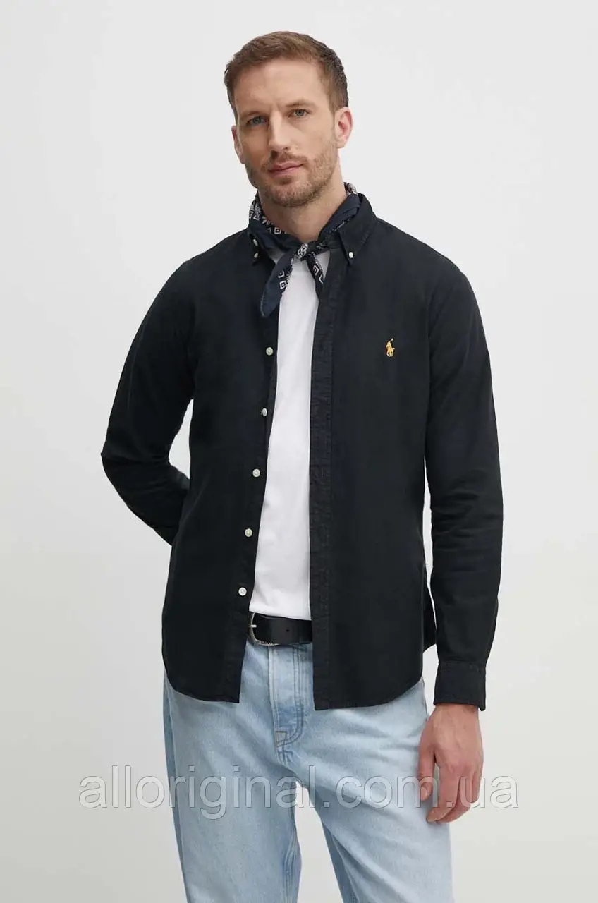 AllOriginal com ua Бавовняна сорочка Polo Ralph Lauren чоловіча колір чорний slim комір button-down 710767828