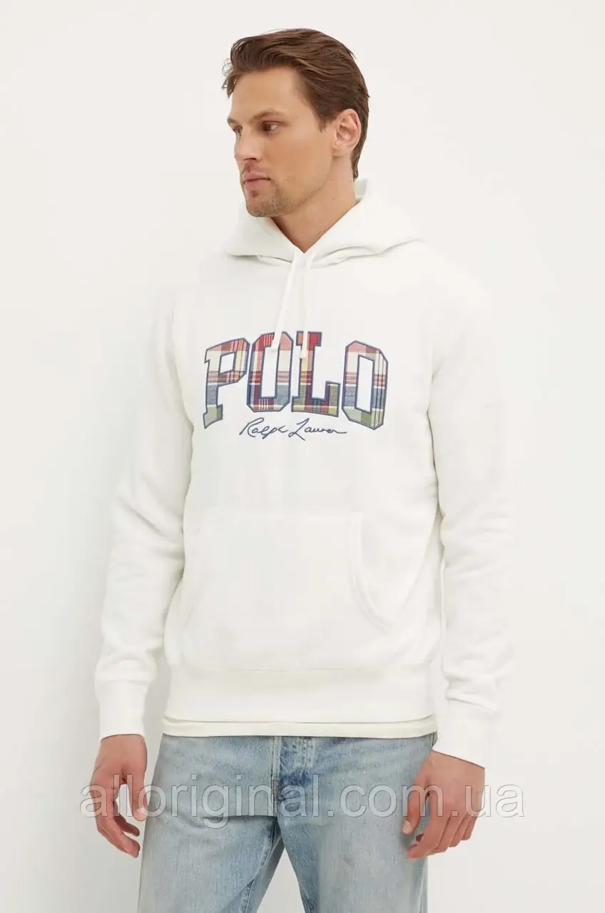 AllOriginal com ua Кофта Polo Ralph Lauren чоловіча колір білий з капюшоном з аплікацією 710941854 РОЗМІРИ