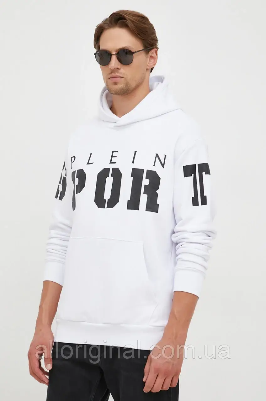 AllOriginal com ua Кофта PLEIN SPORT чоловіча колір білий з капюшоном з принтом РОЗМІРИ ЗАПИТУЙТЕ
