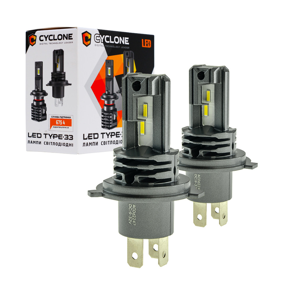 Лампа світлодіодна для фар CYCLONE LED H4 5000K 4600LM TYPE 33 2 шт комплект, фото 1