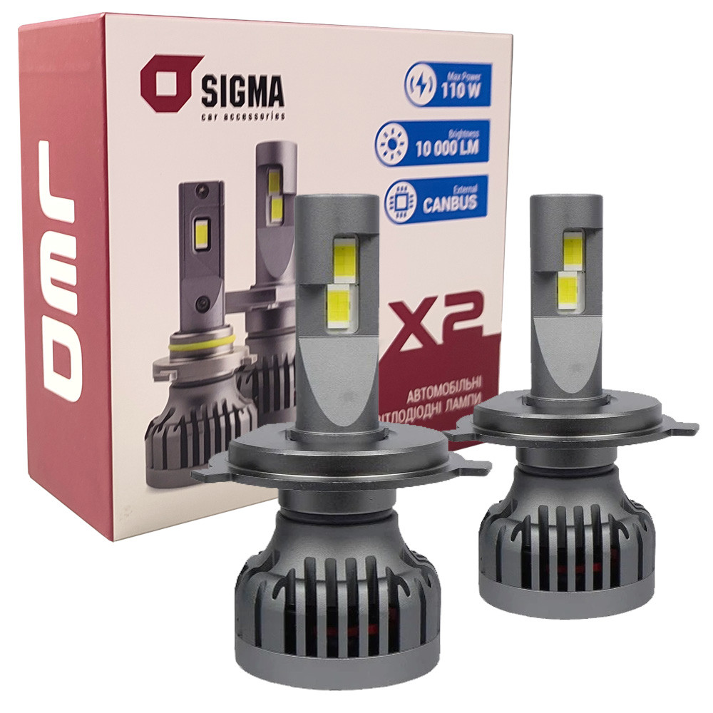 Лампа світлодіодна для фар SIGMA X2 LED H4 6000K 10000LM 2 шт комплект