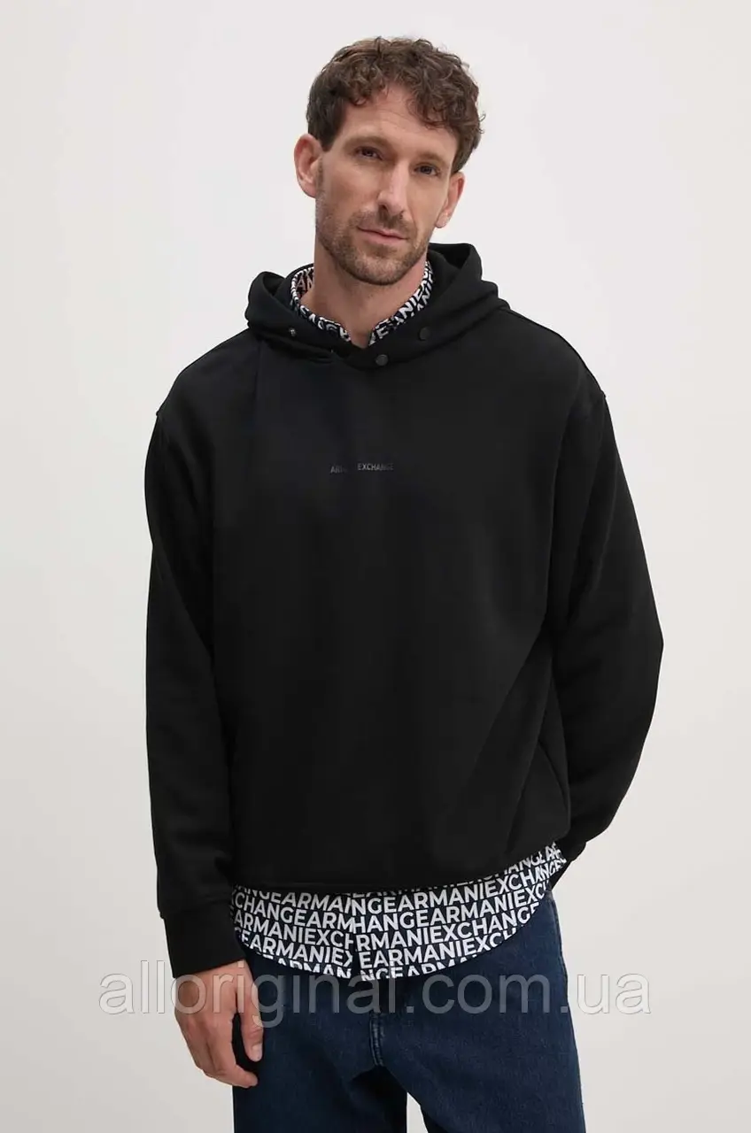 AllOriginal com ua Бавовняна кофта Armani Exchange чоловіча колір чорний з капюшоном з принтом 6DZMLJ ZJ4XZ