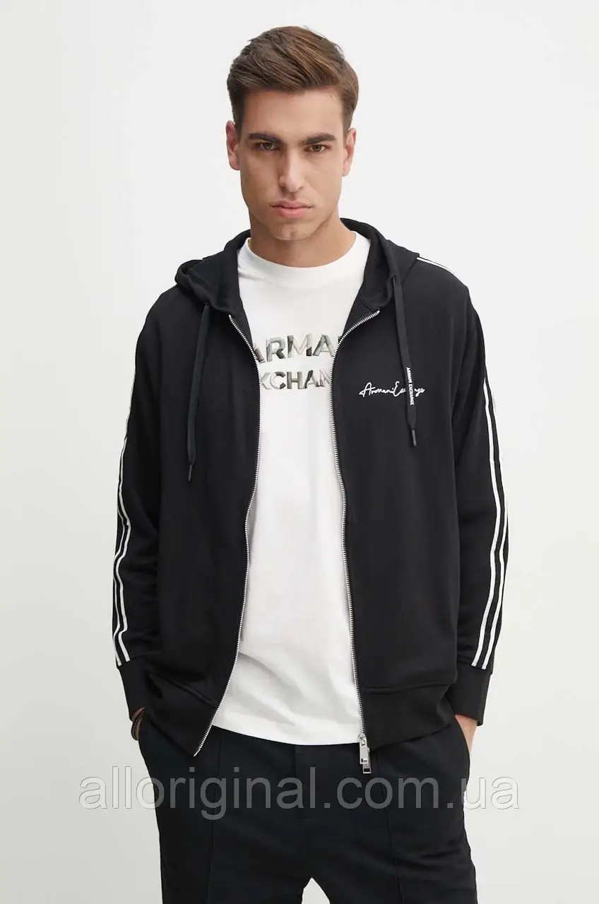 AllOriginal com ua Кофта Armani Exchange чоловіча колір чорний з капюшоном з аплікацією 8NZMSH Z9N1Z РОЗМІРИ