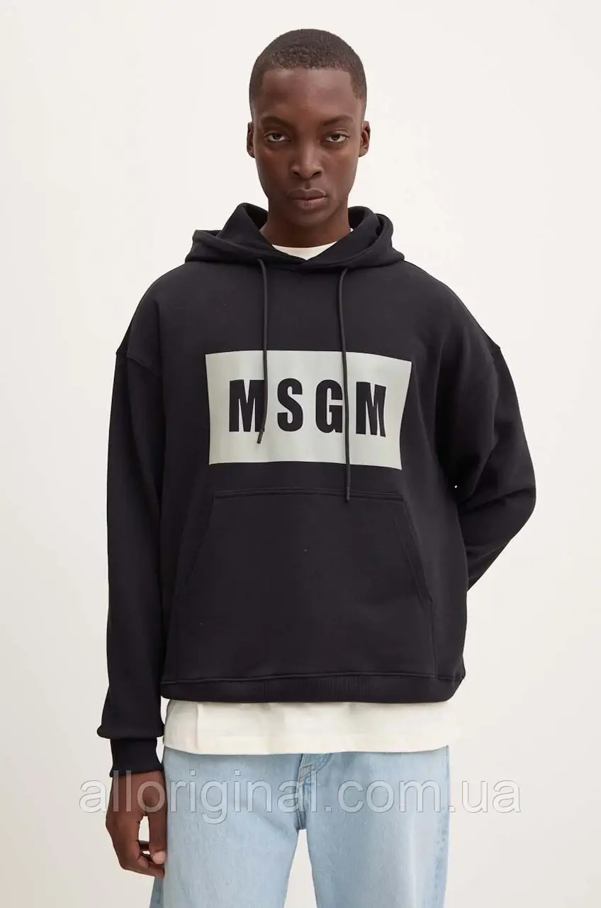 AllOriginal com ua Бавовняна кофта MSGM чоловіча колір чорний з капюшоном з принтом 3740MM525.247799 РОЗМІРИ