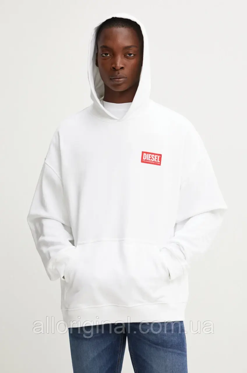 AllOriginal com ua Бавовняна кофта Diesel S-BOXT-HOOD-LAB чоловіча колір білий з капюшоном з аплікацією