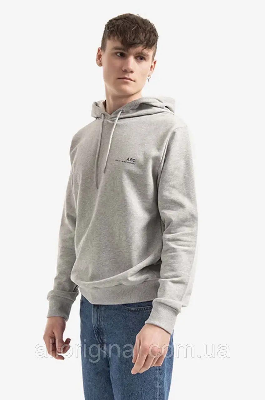 AllOriginal com ua Бавовняна кофта A.P.C. Hoodie Item чоловіча колір сірий з капюшоном однотонна