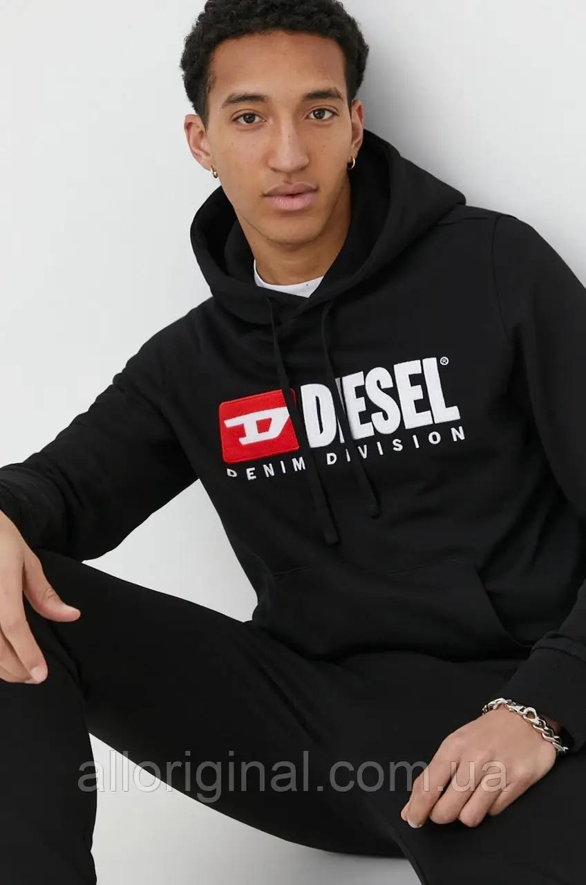 AllOriginal com ua Бавовняна кофта Diesel чоловіча колір чорний з капюшоном з аплікацією РОЗМІРИ ЗАПИТУЙТЕ