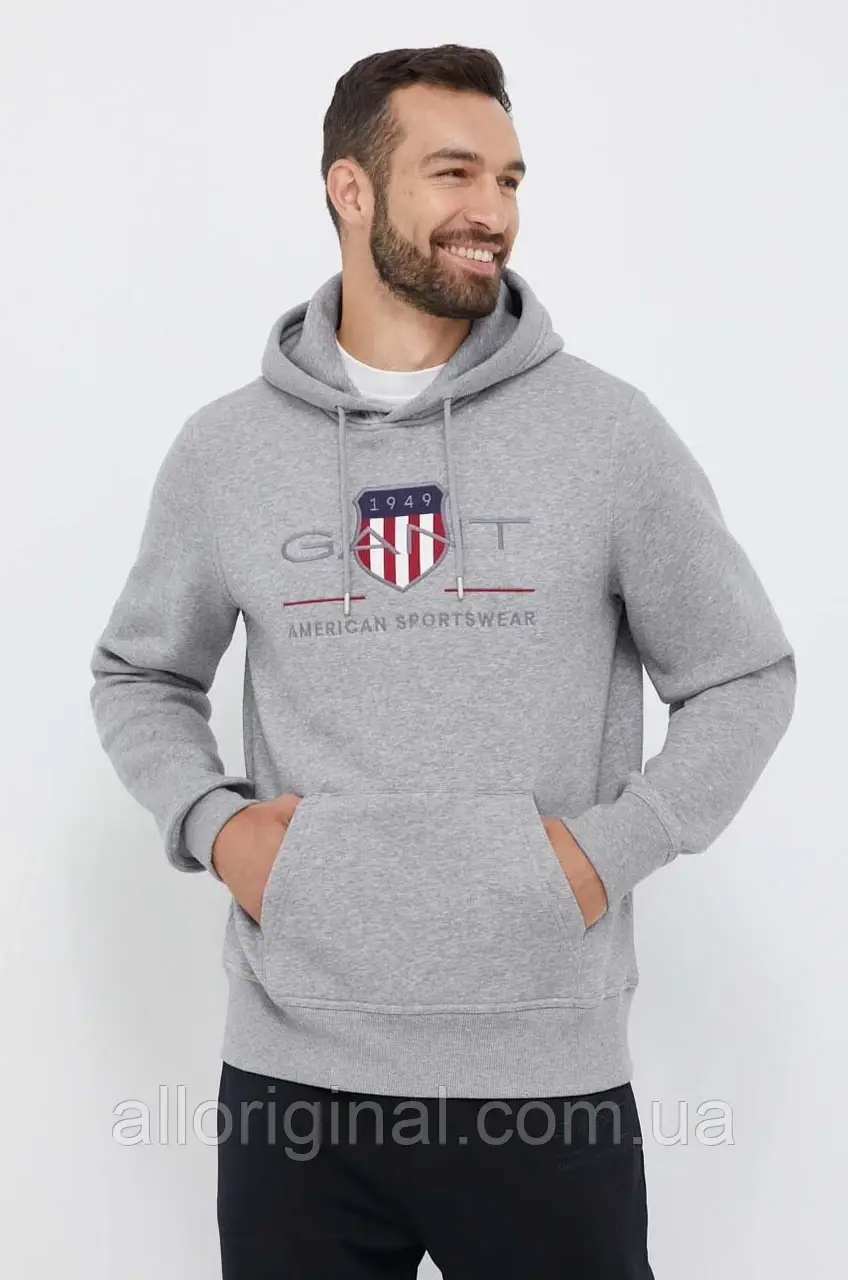 AllOriginal com ua Кофта Gant чоловіча колір сірий з капюшоном з аплікацією РОЗМІРИ ЗАПИТУЙТЕ