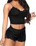Нічна жіноча піжама чорного кольору з укороченим топом та шорти, фото 4