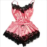 Жіноча жіноча піжама зі стрейчевого атласу червоного кольору з мереживом, фото 8