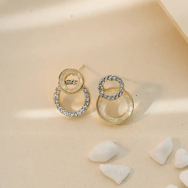 Модні жіночі сережки два круга, сережки геометрія «Diamond Pearl» (золотистий)