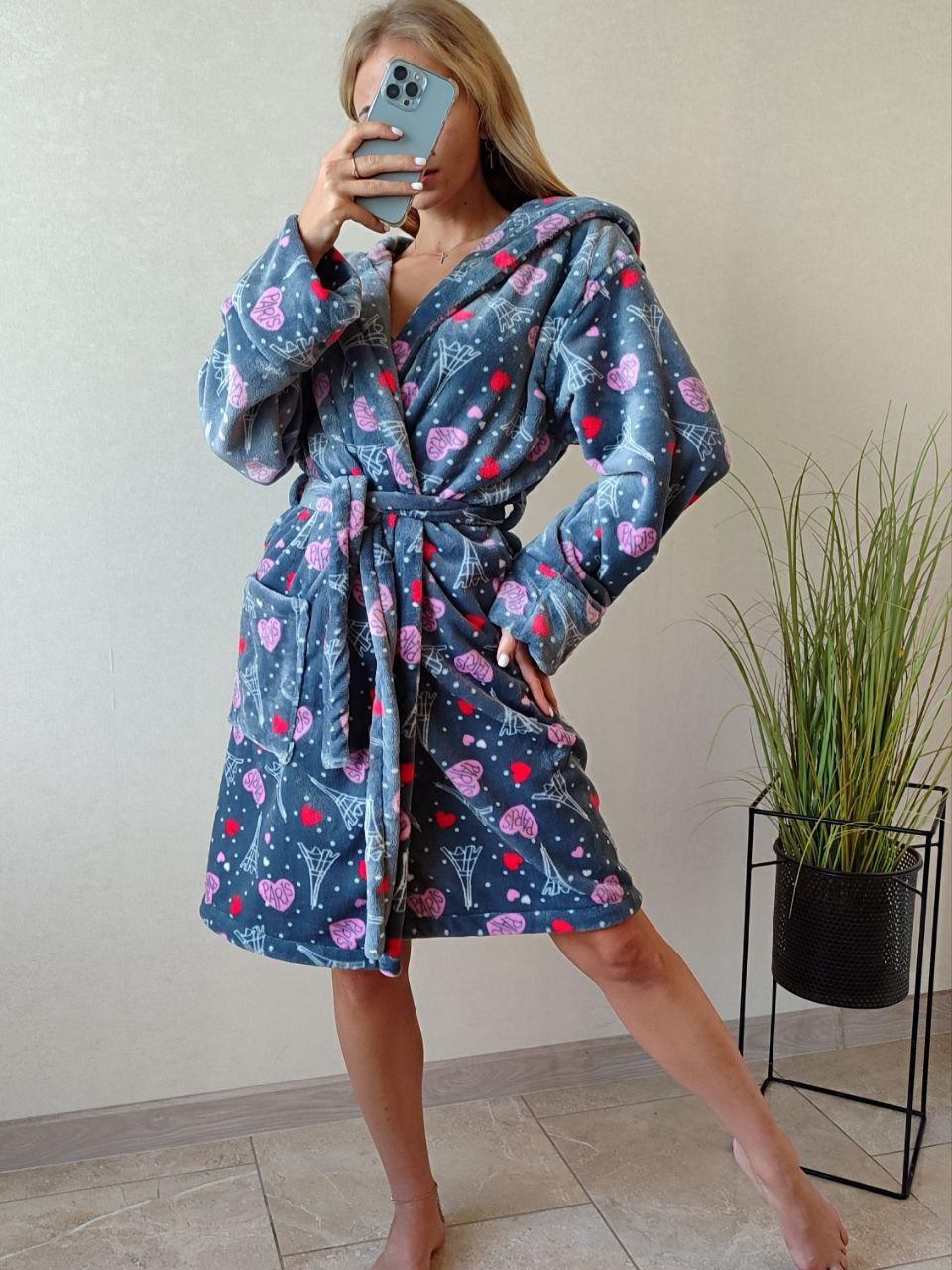 Хіт 2024 теплий короткий халат із серцями та капюшоном, фото 1