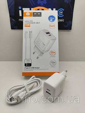 Мережевий зарядний пристрій WUW T61 PD 25W GAN Port Type-C + USB QC з кабелем C+C (Білий), фото 3