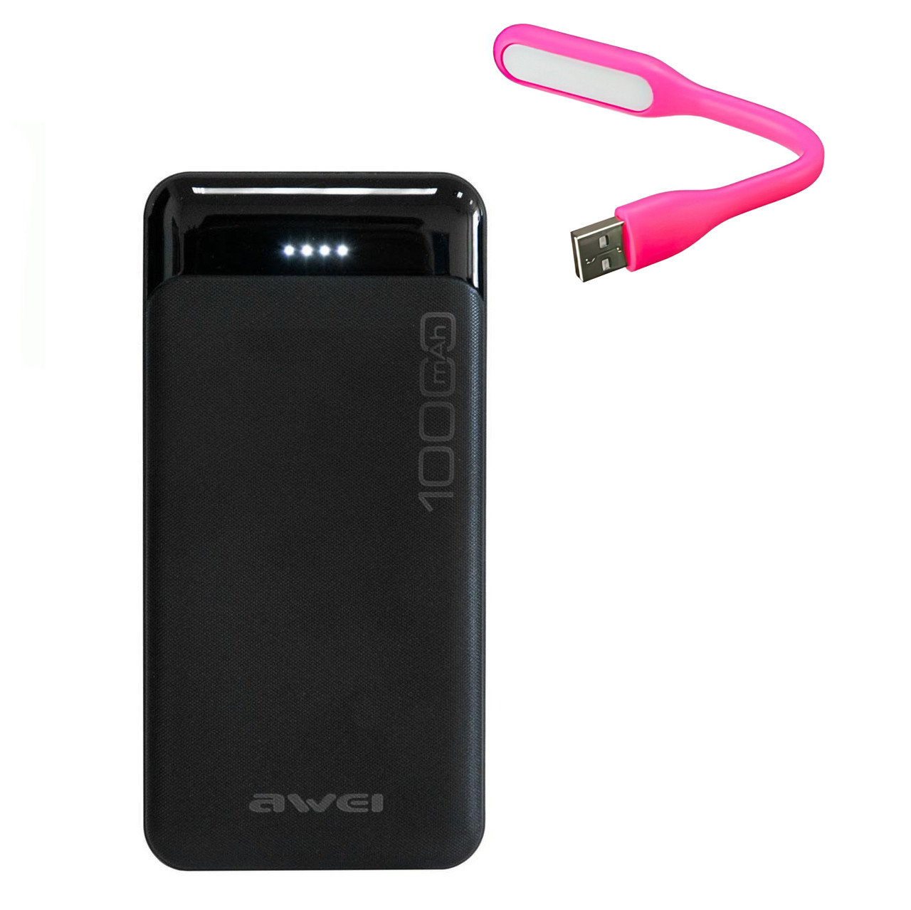 Комплект powerbank 10000mAh "Awei P37K" Чорний, powerbank та usb світильник для ноутбука Рожевий 1.2W