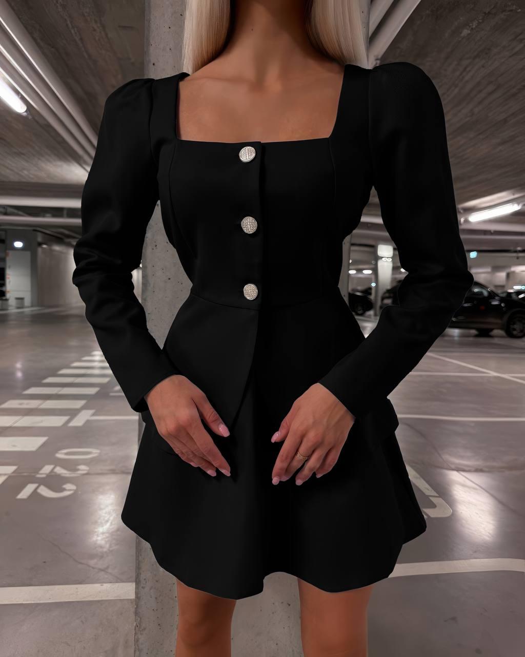 Чорний жіночий стильний костюм-двійка з креп-костюмки: подовжений жакет з рукавами ліхтариками і міні-спідниця, фото 1