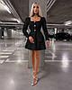 Чорний жіночий стильний костюм-двійка з креп-костюмки: подовжений жакет з рукавами ліхтариками і міні-спідниця, фото 4